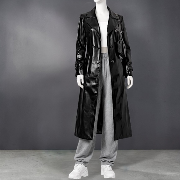 Long Black Faux Leather Trench Coat - Women's Coat - Picture 11 of 12